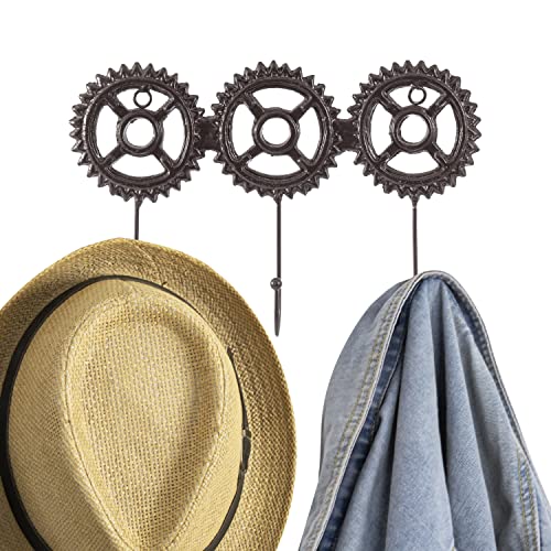 MyGift Brown Cast Iron Metal Wall Coat Hook with Steampunk Gear Design, Wall Mounted Key Rack with 3 Hooks