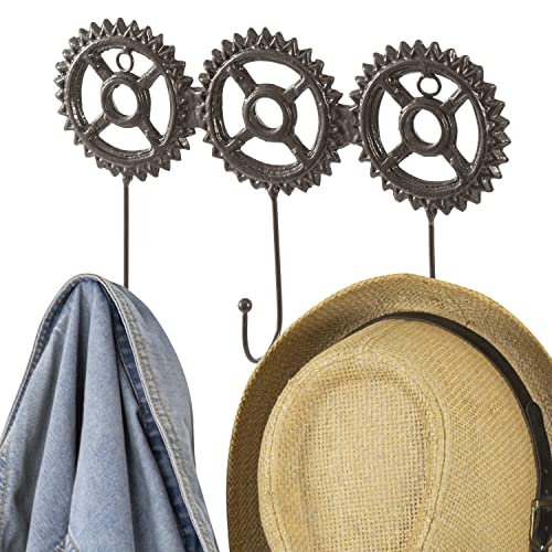 MyGift Brown Cast Iron Metal Wall Coat Hook with Steampunk Gear Design, Wall Mounted Key Rack with 3 Hooks