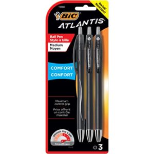 bic atlantis comfort retractable ballpoint pen, medium point (1.0mm), black, comfortable grip for added control, 3-count