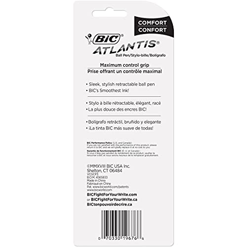 BIC Atlantis Comfort Retractable Ballpoint Pen, Medium Point (1.0mm), Black, Comfortable Grip For Added Control, 3-Count