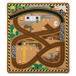 melissa & doug round the construction zone work site rug with 3 wooden trucks ,39 x 36 inches, brown