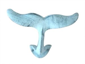 rustic dark blue whitewashed cast iron decorative whale hook 5" - decorative wa