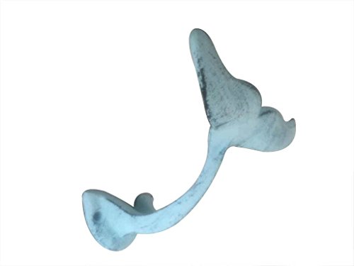 Rustic Dark Blue Whitewashed Cast Iron Decorative Whale Hook 5" - Decorative Wa