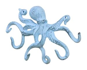 rustic dark blue whitewashed cast iron octopus hook 11 inch - decorative hook - sealife metal wall hook
