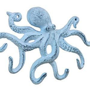 Rustic Dark Blue Whitewashed Cast Iron Octopus Hook 11 Inch - Decorative Hook - Sealife Metal Wall Hook