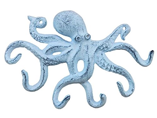 Rustic Dark Blue Whitewashed Cast Iron Octopus Hook 11 Inch - Decorative Hook - Sealife Metal Wall Hook