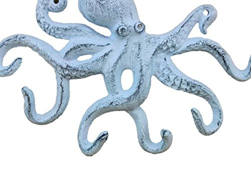 Rustic Dark Blue Whitewashed Cast Iron Octopus Hook 11 Inch - Decorative Hook - Sealife Metal Wall Hook