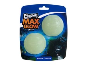 chuckit max glow ball dog toy, medium (2.5 inch diameter) for dogs 20-60 lbs, pack of 2