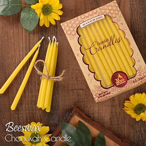 Beeswax Chanukah Candles Standard Size Fits Most Menorahs - Yellow Beeswax Hanukkah Candles - Premium Quality Pure Bees Wax - 45 Count for All 8 Nights of Hanukkah - by Ner Mitzvah