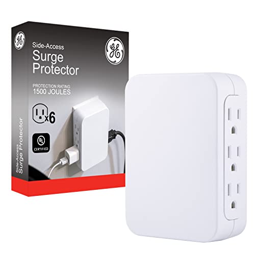 GE Pro 6-Outlet Extender, Surge Protector, Side Access, Wall Tap Adapter, 3-Prong, 1200 Joules, Warranty, UL Listed, White, 10353