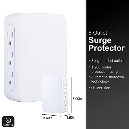 GE Pro 6-Outlet Extender, Surge Protector, Side Access, Wall Tap Adapter, 3-Prong, 1200 Joules, Warranty, UL Listed, White, 10353