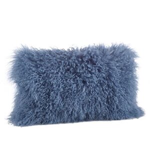 SARO LIFESTYLE 100% Wool Mongolian Lamb Fur Throw Pillow with Poly Filling, 12" x 20", Blue-Grey