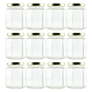 cornucopia 6-ounce hexagon glass jars (12-pack); empty hex jars w/gold lids for party favors, jams, samples & more