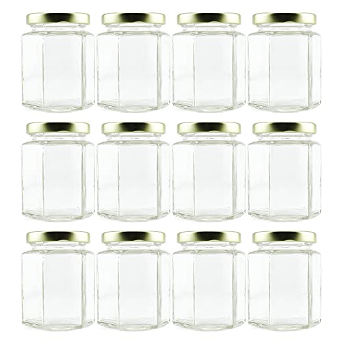 Cornucopia 6-Ounce Hexagon Glass Jars (12-Pack); Empty Hex Jars w/Gold Lids for Party Favors, Jams, Samples & More