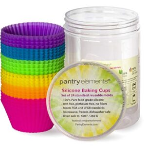 pantry elements silicone baking muffin cups with bonus gift storage jar, 24 pack, heavy duty, reusable non-stick, bpa free molds, the original rainbow vibrant silicone cupcake liners