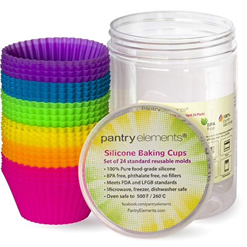 Pantry Elements Silicone Baking Muffin cups with Bonus Gift Storage Jar, 24 Pack, Heavy Duty, Reusable Non-stick, BPA Free Molds, The Original Rainbow Vibrant Silicone Cupcake Liners