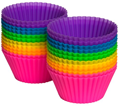 Pantry Elements Silicone Baking Muffin cups with Bonus Gift Storage Jar, 24 Pack, Heavy Duty, Reusable Non-stick, BPA Free Molds, The Original Rainbow Vibrant Silicone Cupcake Liners