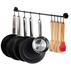 wallniture 24" gourmet kitchen rail for with 10 s hooks for hanging utensils, pot pan lid rack storage organizer set, steel, black