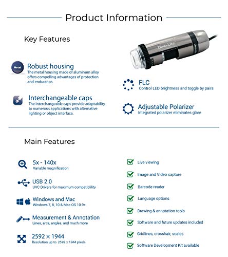 Dino-Lite USB Digital Microscope AM7115MZTL - 10x - 140x Optical Magnification, Measurement, Polarized Light