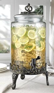 elegant home hammered glass ice cold beverage drink dispenser - 2.7 gallon, with glass lid and antique metal stand, 100% leak proof spigot- wide mouth easy filling for outdoor, parties & daily use