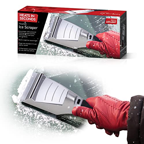 Heated Ice Scraper, Heated Ice Scrapers for Car Windshield as Winter Essential Tool to Remove Frost, Snow - Heated Windshield Scraper Powered 12V Socket, 15 Feet Power Cord and Built In LED Light