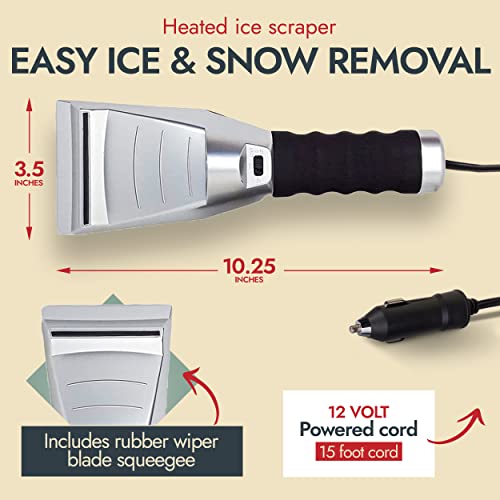 Heated Ice Scraper, Heated Ice Scrapers for Car Windshield as Winter Essential Tool to Remove Frost, Snow - Heated Windshield Scraper Powered 12V Socket, 15 Feet Power Cord and Built In LED Light