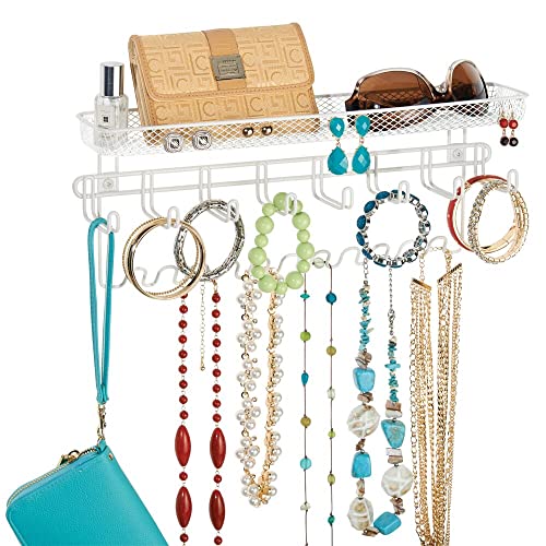 mDesign Steel Wall Mount Closet Jewelry Storage Organizer Rack Holder with 8 Hooks and Basket for Bedroom - Holds Necklaces, Bracelets, Watches, Sunglasses, Purses - Concerto Collection, White