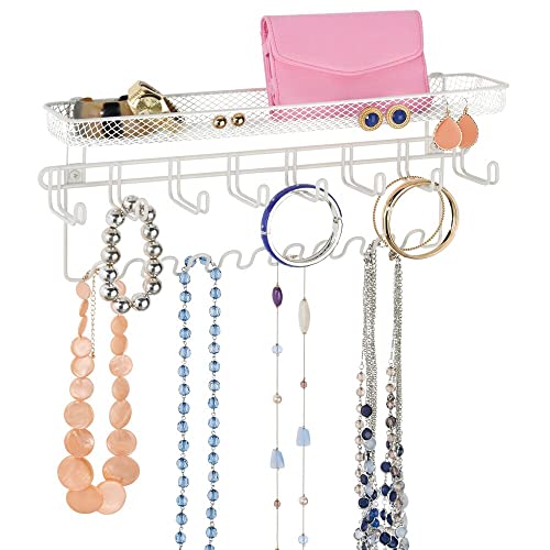 mDesign Steel Wall Mount Closet Jewelry Storage Organizer Rack Holder with 8 Hooks and Basket for Bedroom - Holds Necklaces, Bracelets, Watches, Sunglasses, Purses - Concerto Collection, White