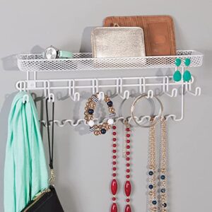 mDesign Steel Wall Mount Closet Jewelry Storage Organizer Rack Holder with 8 Hooks and Basket for Bedroom - Holds Necklaces, Bracelets, Watches, Sunglasses, Purses - Concerto Collection, White