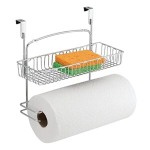 mdesign over cabinet paper towel holder with multi-purpose basket shelf - hanging storage organizer for kitchen, pantry, laundry, garage - holds dish soap, cleaners, sponges - metal wire - chrome