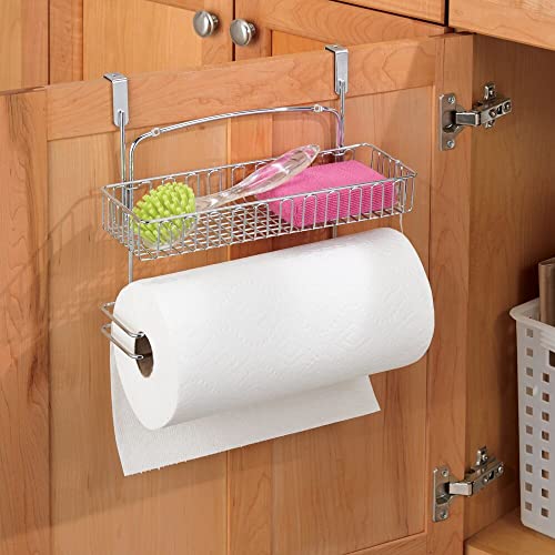 mDesign Over Cabinet Paper Towel Holder with Multi-Purpose Basket Shelf - Hanging Storage Organizer for Kitchen, Pantry, Laundry, Garage - Holds Dish Soap, Cleaners, Sponges - Metal Wire - Chrome