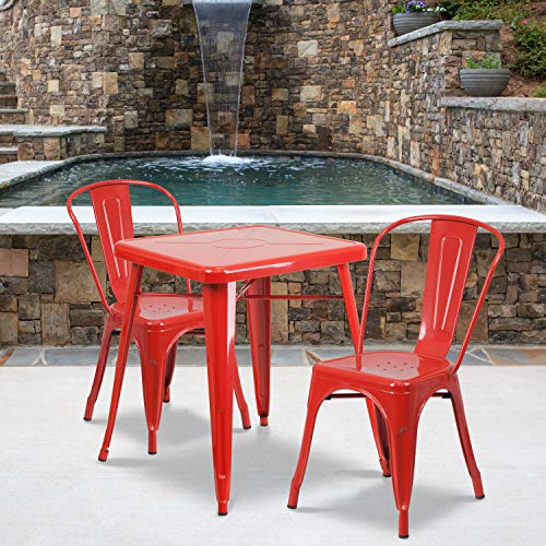 Flash Furniture Commercial Grade 23.75" Square Red Metal Indoor-Outdoor Table Set with 2 Stack Chairs