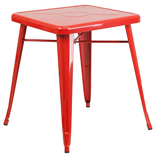 Flash Furniture Commercial Grade 23.75" Square Red Metal Indoor-Outdoor Table Set with 2 Stack Chairs