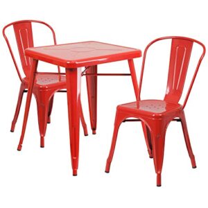 Flash Furniture Commercial Grade 23.75" Square Red Metal Indoor-Outdoor Table Set with 2 Stack Chairs