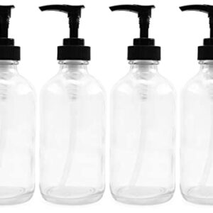 8oz Clear Glass Pump Bottles (4-Pack w/Black Plastic Pumps), Great as Essential Oil Bottles, Lotion Bottles, Soap Dispensers, and More