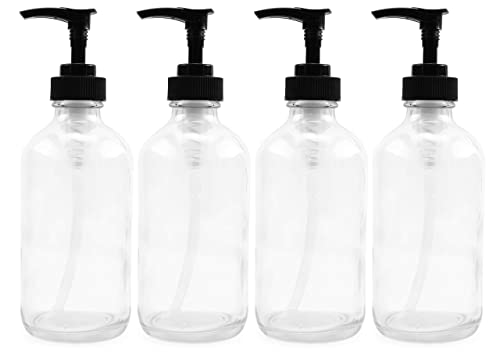 8oz Clear Glass Pump Bottles (4-Pack w/Black Plastic Pumps), Great as Essential Oil Bottles, Lotion Bottles, Soap Dispensers, and More