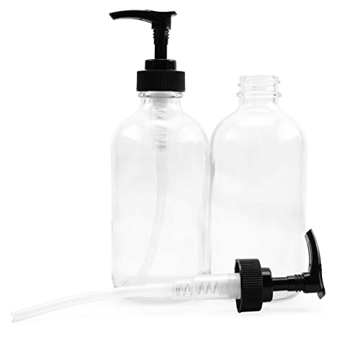 8oz Clear Glass Pump Bottles (4-Pack w/Black Plastic Pumps), Great as Essential Oil Bottles, Lotion Bottles, Soap Dispensers, and More