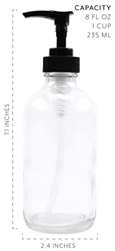 8oz Clear Glass Pump Bottles (4-Pack w/Black Plastic Pumps), Great as Essential Oil Bottles, Lotion Bottles, Soap Dispensers, and More