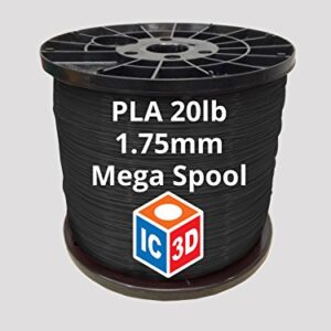 IC3D Black 1.75mm PLA 3D Printer Filament Mega Spool (10 kgs) - Dimensional Accuracy +/- 0.05mm - Professional Grade 3D Printing Filament - Made in USA