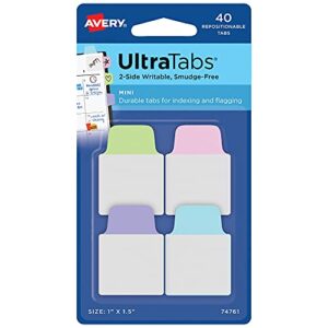 avery mini ultra tabs, 1" x 1.5", 2-side writable, pastel purple/blue/pink, 40 repositionable tabs (74761)