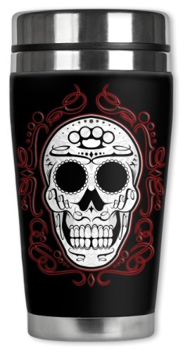 Mugzie Fancy Skull Travel Mug with Insulated Wetsuit Cover, 16 oz, Black