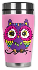 mugzie pink owl travel mug with insulated wetsuit cover, 16 oz, multicolor