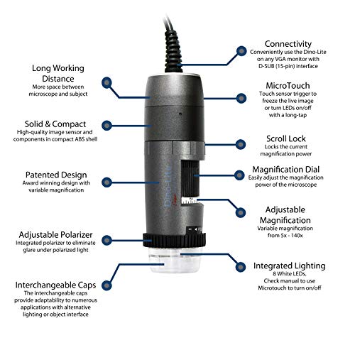 Dino-Lite VGA Digital Microscope AM5216ZTL- 720p, 5x - 140x Optical Magnification, Polarized Light, Long Working Distance