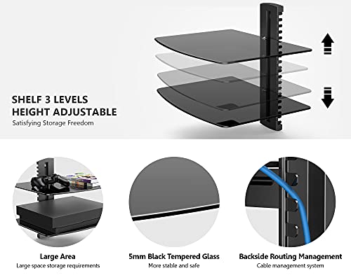 Fenge 2 Tiers Av Shelf Wall Mount Shelf Hold up to 22lbs Floating Shelves for Wall Under TV DVD Shelf Wall Mount Component Tempered Glass for PS4, Xbox, Game Console and Cable Box