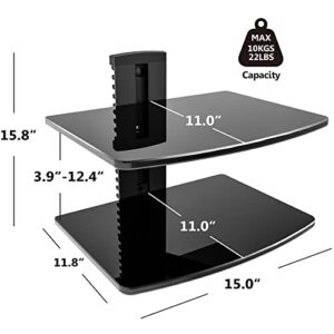 Fenge 2 Tiers Av Shelf Wall Mount Shelf Hold up to 22lbs Floating Shelves for Wall Under TV DVD Shelf Wall Mount Component Tempered Glass for PS4, Xbox, Game Console and Cable Box