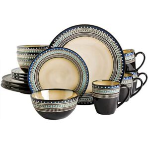 gibson elite round embossed reactive glaze stoneware dinnerware set, service for 4 (16pcs), blue/brown