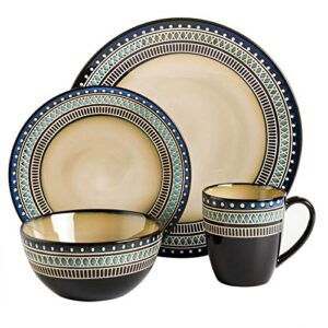 Gibson Elite Round Embossed Reactive Glaze Stoneware Dinnerware Set, Service for 4 (16pcs), Blue/Brown