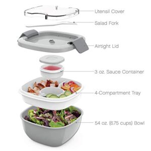 Bentgo® Salad - Stackable Lunch Container with Large 54-oz Salad Bowl, 4-Compartment Bento-Style Tray for Toppings, 3-oz Sauce Container for Dressings, Built-In Reusable Fork & BPA-Free (Gray)