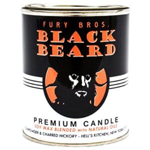 long-burning, one-pint premium candles for men | vintage inspired oil can design | black beard - gun powder, charred hickory | soy wax, vegan friendly, made in the usa | fury bros. | classically cool