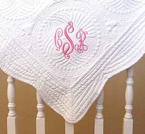 Monogram Baby Quilt 36 x 46 Inches White Blanket Cotton